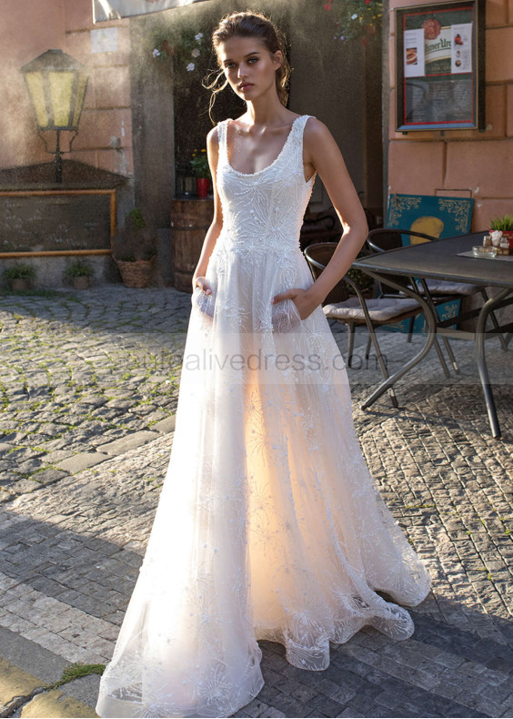 Beaded Ivory Lace Wedding Dress With Side Pockets